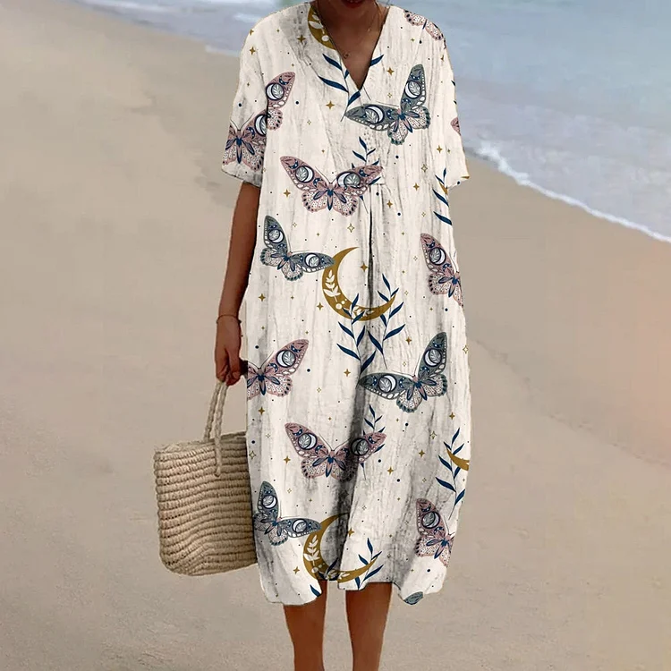Women's Print Flowy Linen Dress 2408000129