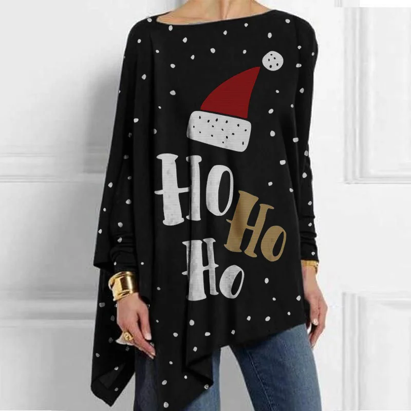 Ho Ho Ho Christmas Hat Snow Printed Black Women's T-shirt