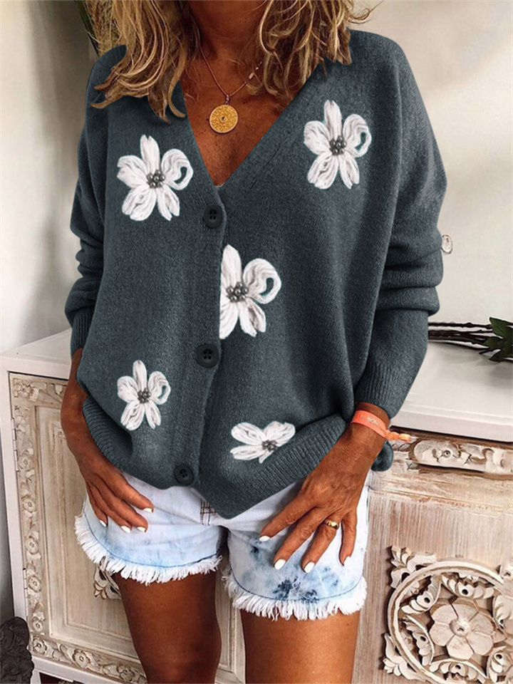 Autumn and Winter Women's New Fashion Sexy V-neck Sweater Casual Buttons Embroidery Knitted Cardigan