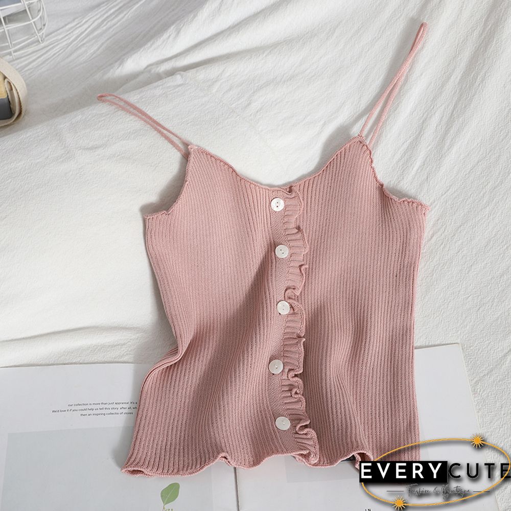 Pearl Diary Women Spaghetti Strap Knitted Tops Summer Ruffle Camis Top With Front Buttons Solid Color Basic Knitted Cute Tops