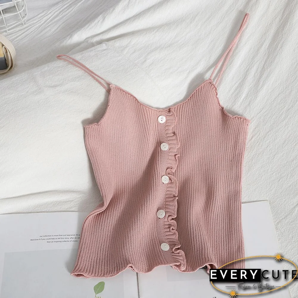 Pearl Diary Women Spaghetti Strap Knitted Tops Summer Ruffle Camis Top With Front Buttons Solid Color Basic Knitted Cute Tops