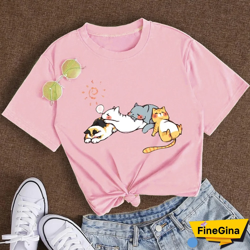 Cotton 100% Women's T Shirt Summer Short Sleeve Nap Cat Print Fashion Kawaii Female Clothes Casual O-Neck Tshirt Ladies Tee Tops