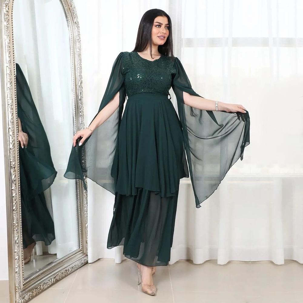 Chiffon Layered Sequins Split Sleeve Round Neck Belt Design Gown | Oxredo Shop Ramadan Sale