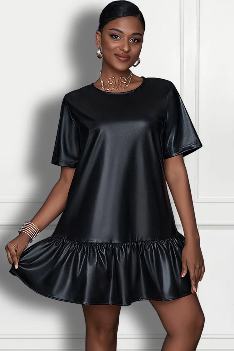Xpluswear Design Plus Size Black Daily Pu-leather Short Sleeve Ruffle Mini Dresses