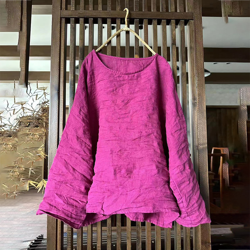 Original Design Sand Washing Round Neck Long Sleeves Linen Shirts