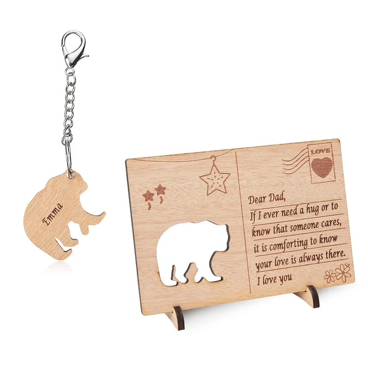 Personalized Wooden Postcard Keychain Set Bear Keepsake for Family