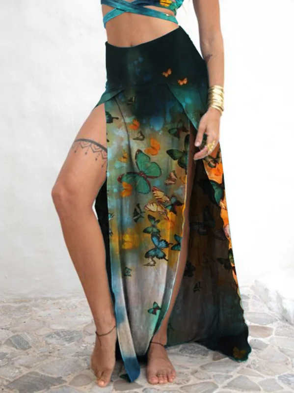 Retro Butterfly Print Long Maxi Skirt