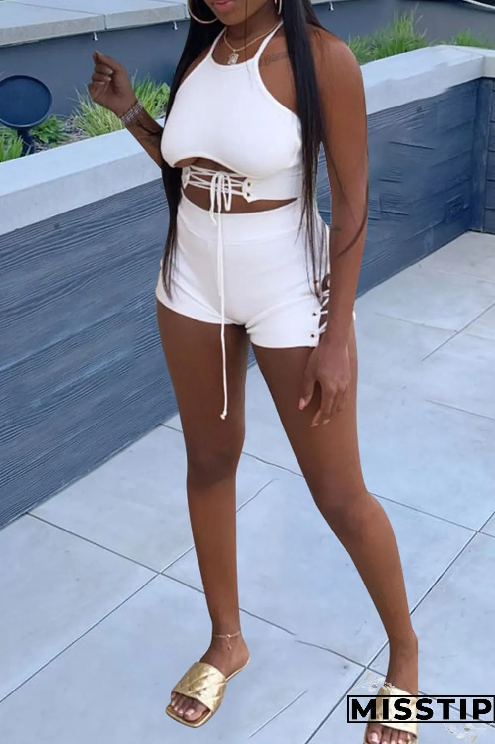 White Fashion Sexy Solid Strap Design O Neck Sleeveless Two Pieces