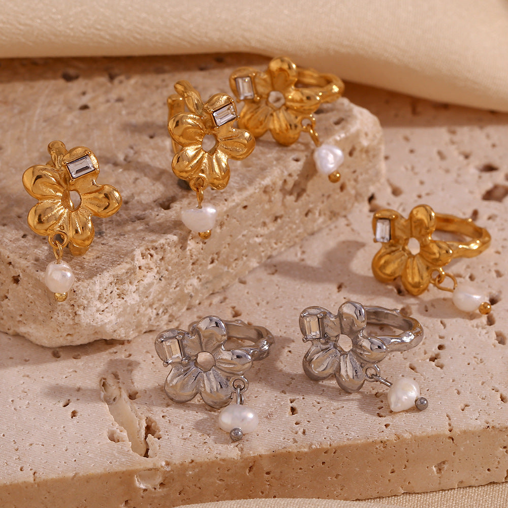 Women Fashion Pearl Geometric Flower Stainless Steel 18K Gold Plated Clip On Earrings