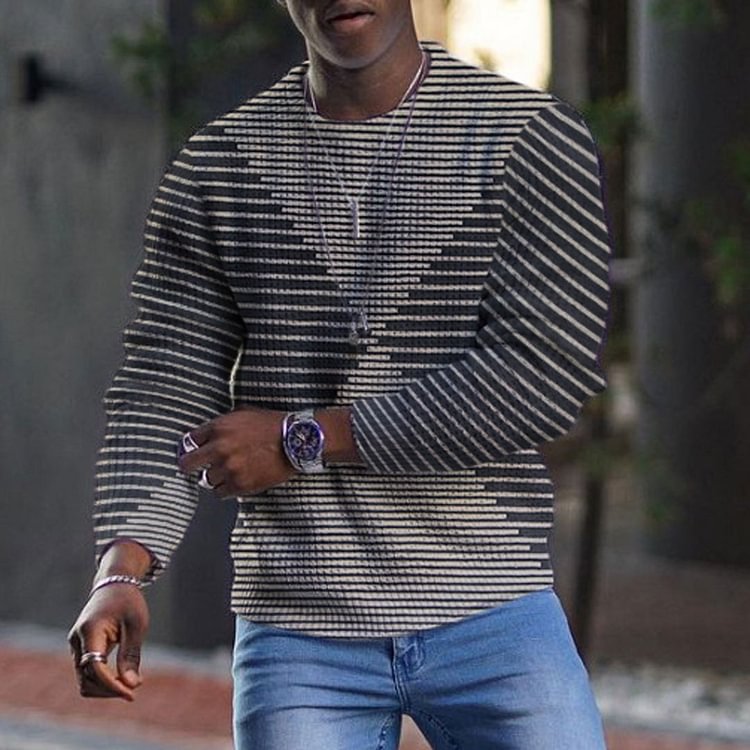 Twill Interlaced Print Round Neck Long Sleeve Men's Top