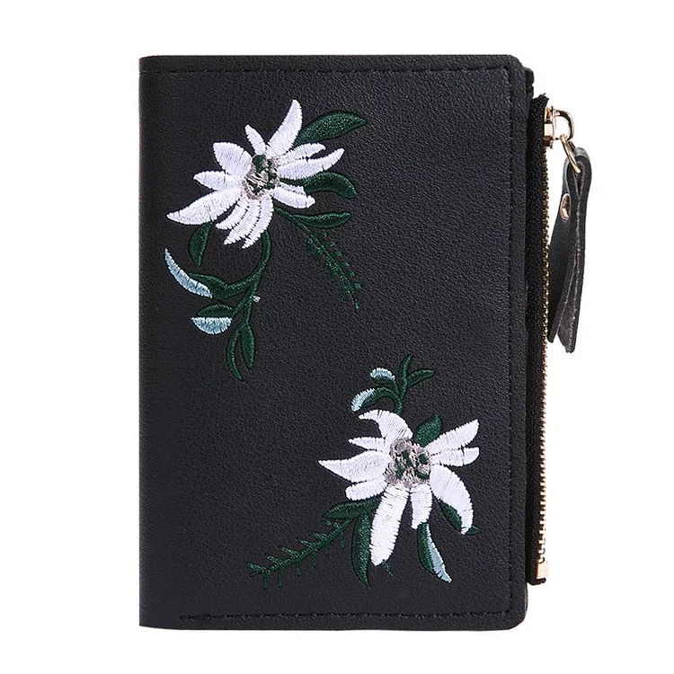 Flowers Embroid Women Short Wallet PU Leather Coin Card Holder Clutch/Black