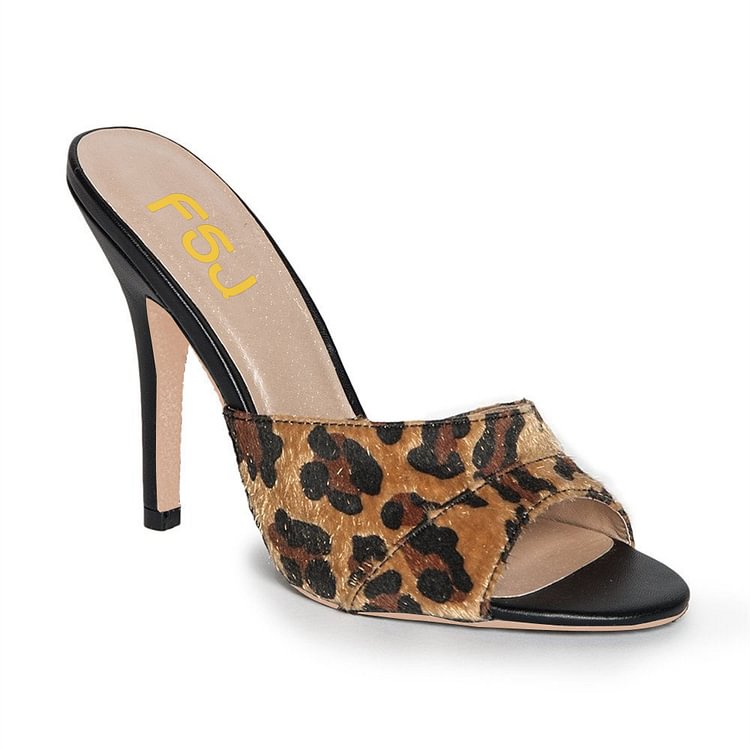 Leopard Print Heels Horse Hair Peep Toe Stiletto Heel Mules |FSJ Shoes