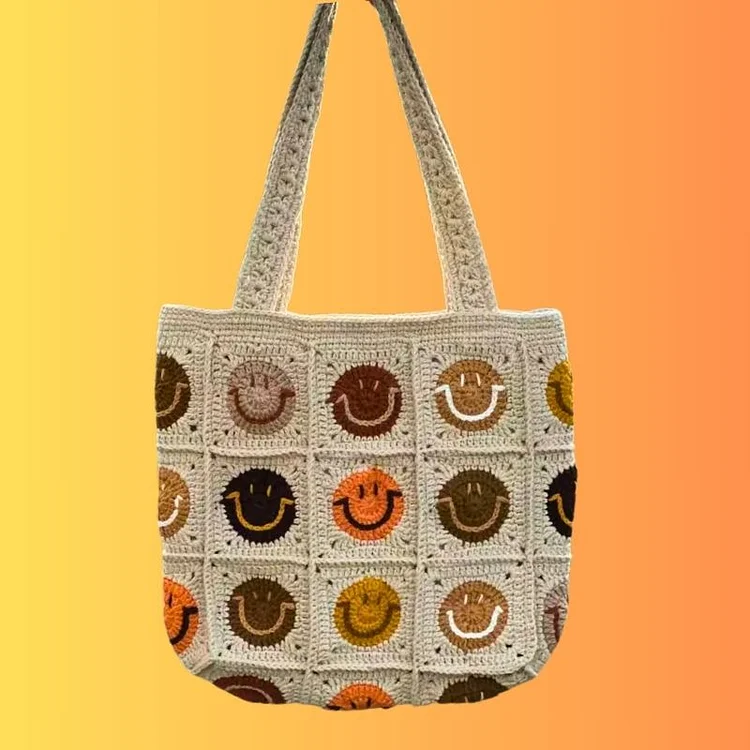 Lulusnow Handmade Khaki Smiley Faces Crochet Tote Bag Shoulder Bag 