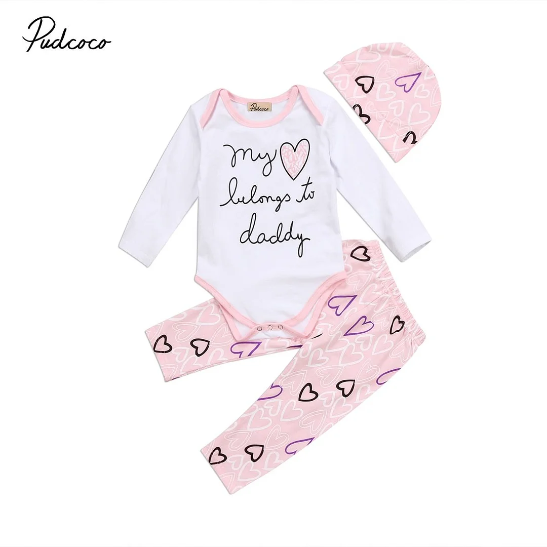 2018 Brand New 0-24M Newborn Infant Baby Girls Clothes 3PCS Letter Heart Long Sleeve White Romper Top+Pink Pants+Hats