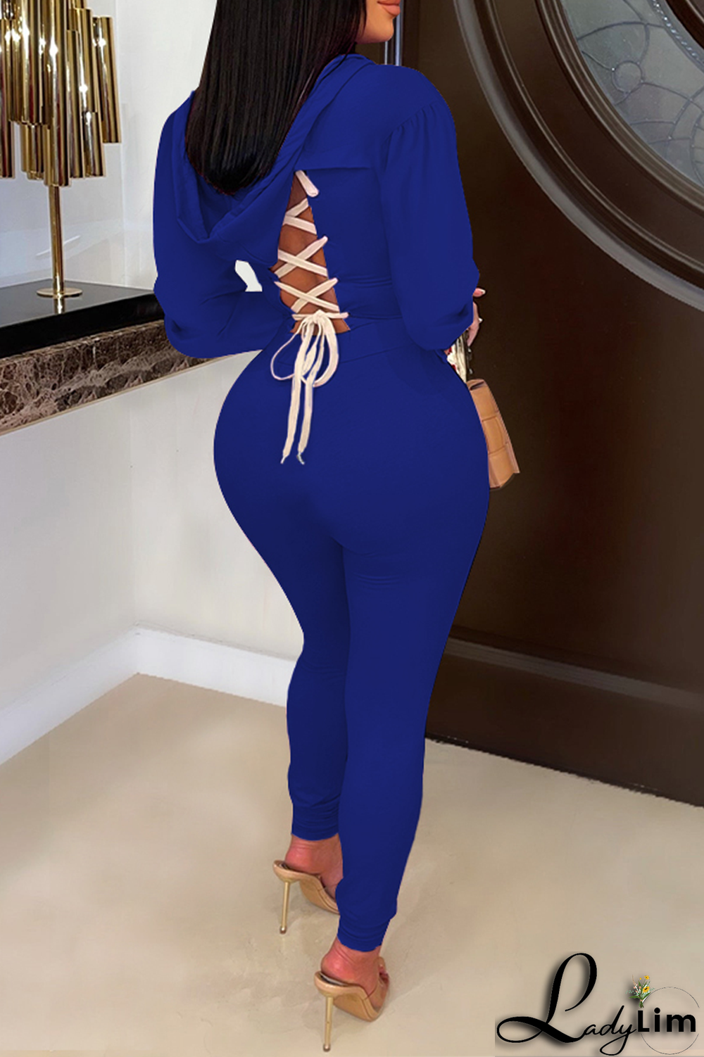 Blue Fashion Solid Patchwork V Neck Long Sleeve Two Pieces