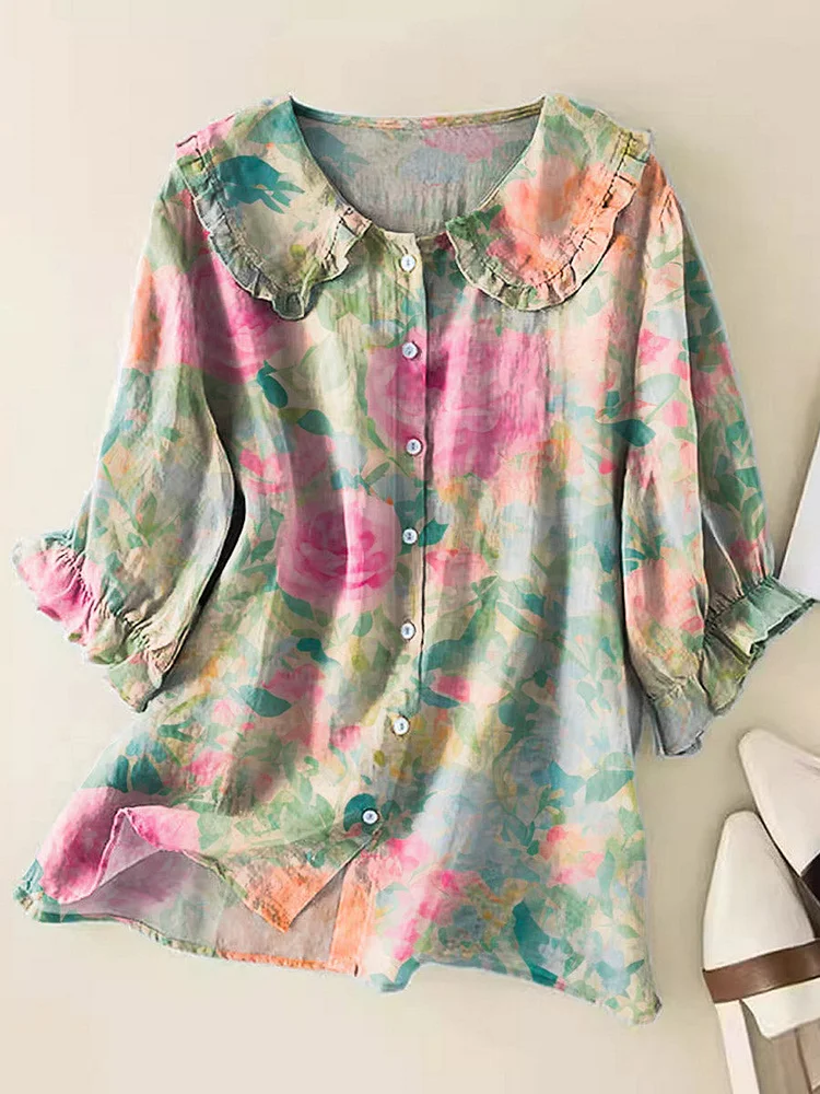 Women's Lovely Floral Art Print Casual Peter Pan Collar Cotton Shirt