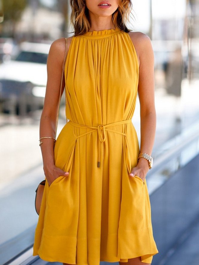 Yellow Women Holiday Holiday Sleeveless Pockets Solid Summer Dress Zaesvini