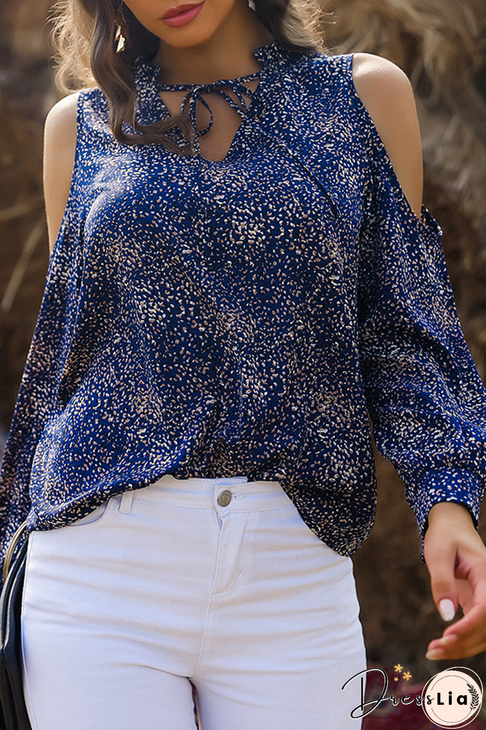 Fashion Elegant Print Hollowed Out Frenulum V Neck Tops