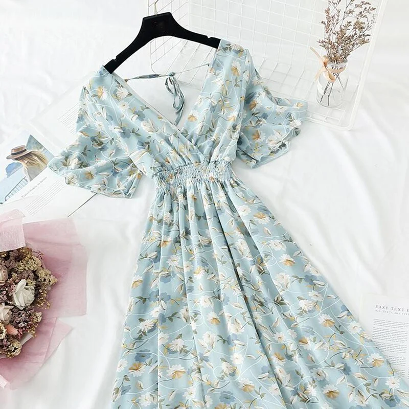 Summer Vintage Floral Chiffon Long Dress Sexy V-neck Ruffle Boho Dresses 2021 Elegant Women Party Short sleeve Dress Vestidos