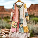 Women's Retro Bohemian Floral Casual V-neck Long Sleeve Dress - Image 2