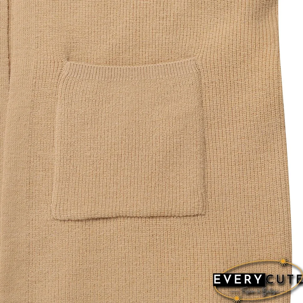 Khaki Button Cuff Knit Pocket Long Cardigan