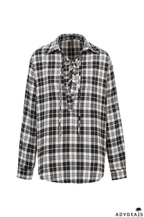 Plaid Lace Up Neck Blouse