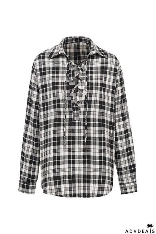 Plaid Lace Up Neck Blouse