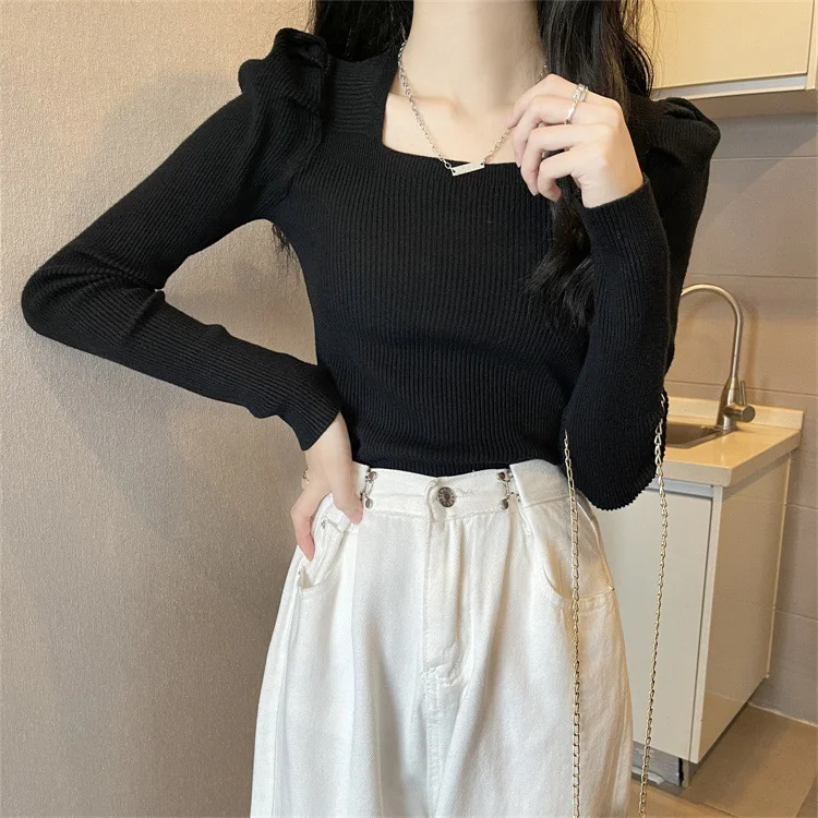 Brownm Brownm Collar Bottom Shirt Women's 2023 Autumn Winter New Knitting Low Coltleneck Sweater Short Black Bubble Sleeve Jacket Tide