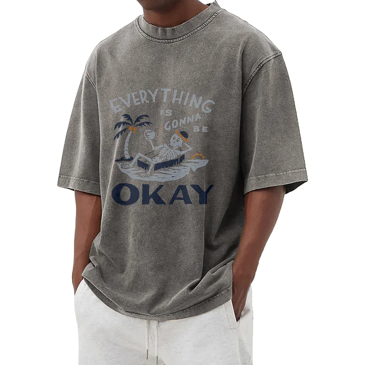 Fun skull pattern washed T-shirt 015