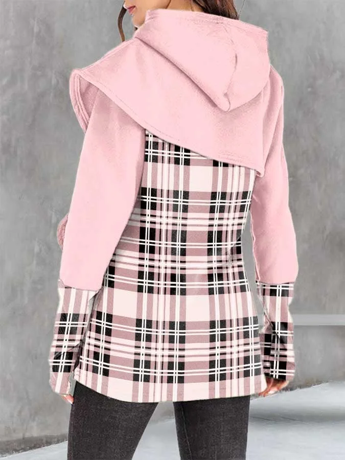 Plaid Panel Print Hooded Sweatshirt