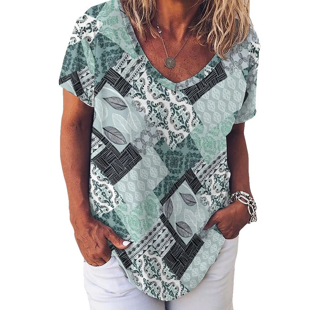 Style & Comfort for Mature Women V-neck Short Sleeve Casual T-shirt for  Women Printed with Pattern Green, Black, Vintage, Patchwork