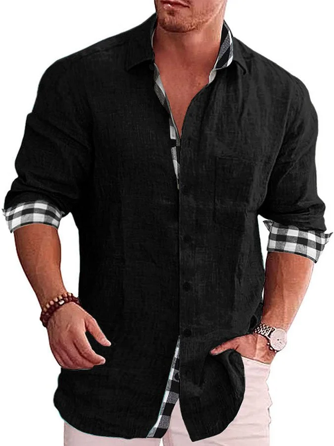 Men's Casual Simple Plaid Contrast Print Lapel Long Sleeve Shirt