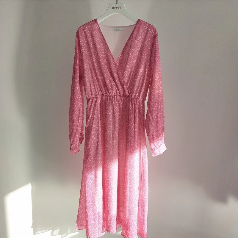 Toppies 2021 Women Dress Heart Print vestidos Wrap around v neck Long sleeve Fashion Pink Chiffon Dresses
