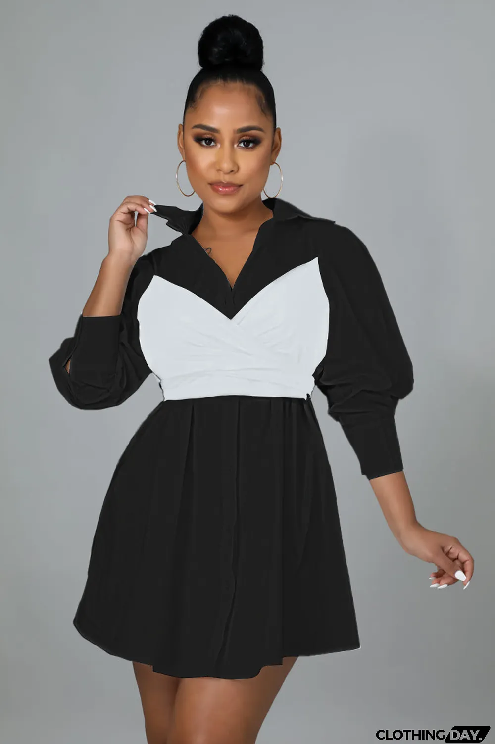 Contrast Colot Bow-Tie Long Sleeve Shirt Dress