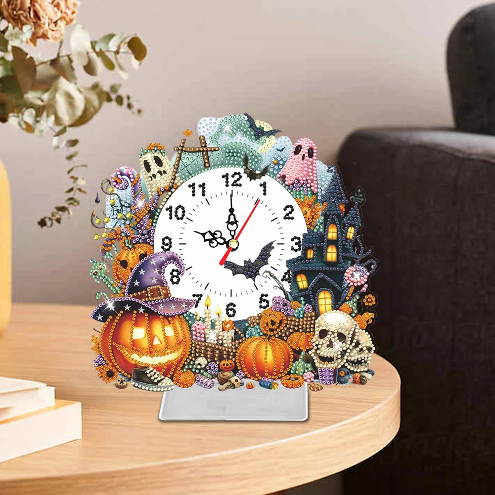 DIY Halloween Pumpkin Acrylic Special Shaped Diamond Painting Clock Desktop Decor