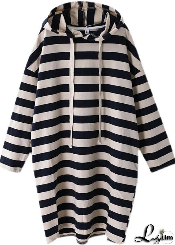 Chic Hooded Striped Cotton Sweatshirt Street wear dress Spring