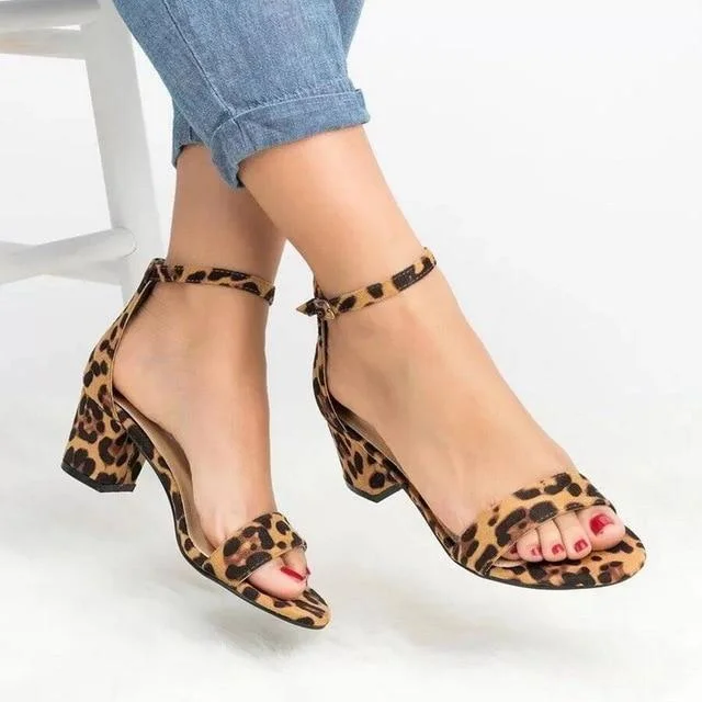 Women's Ankle Strap Heels Leopard Print Sandals Open Toe Chunky High Heels Sandals Pumps