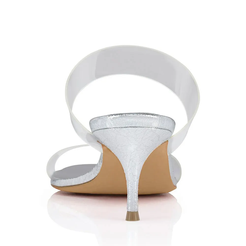 Women's Silver Round Toe Comfy Clear Strap Slip On Mule Heels