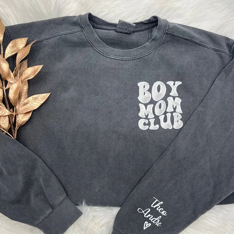 Boy Mom Club Sweatshirt, Mama Sweatshirt with Kids Name on Sleeve, Baby Shower Gift for Mom