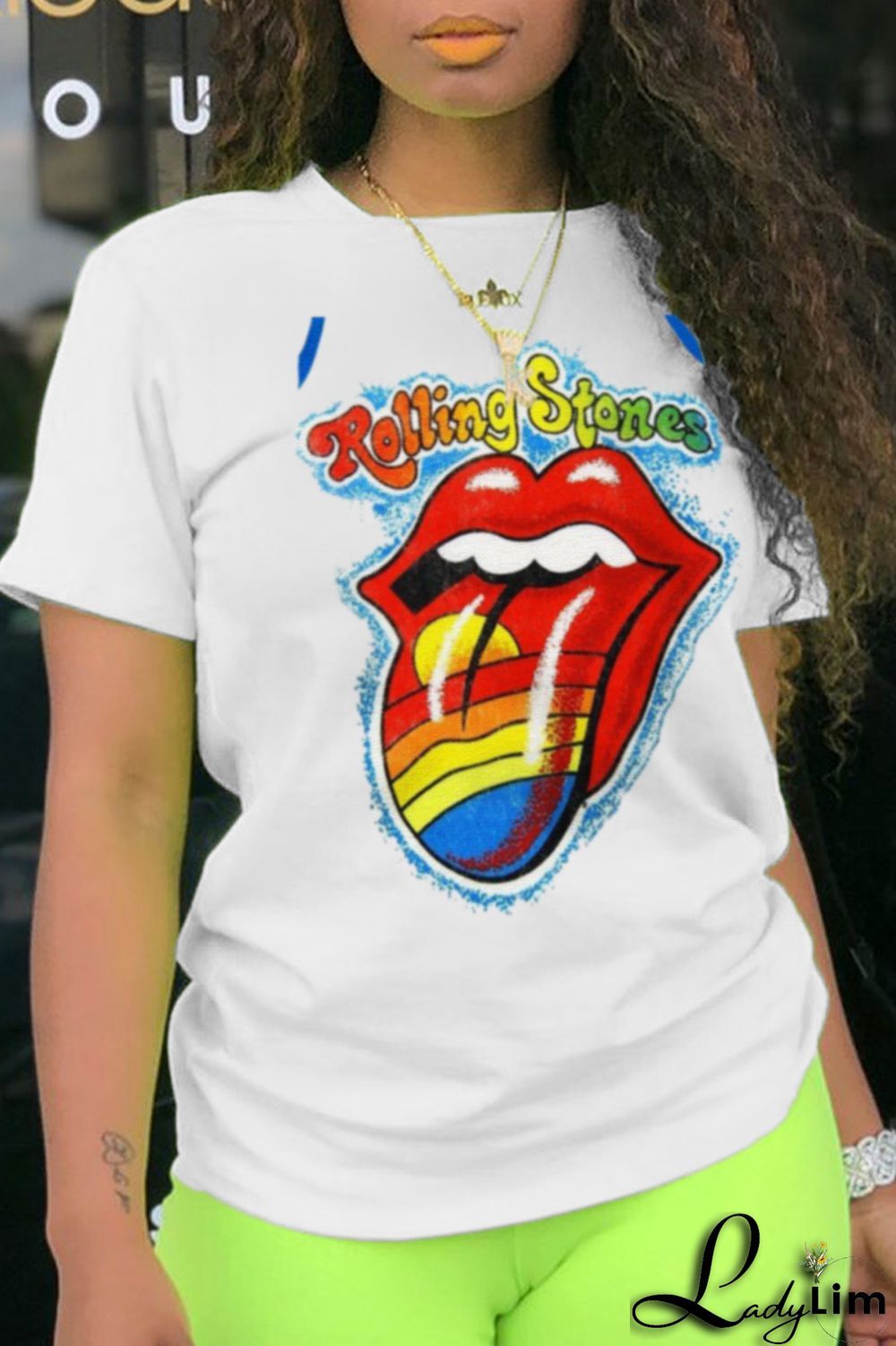 White Fashion Casual Lips Printed Patchwork O Neck T-Shirts