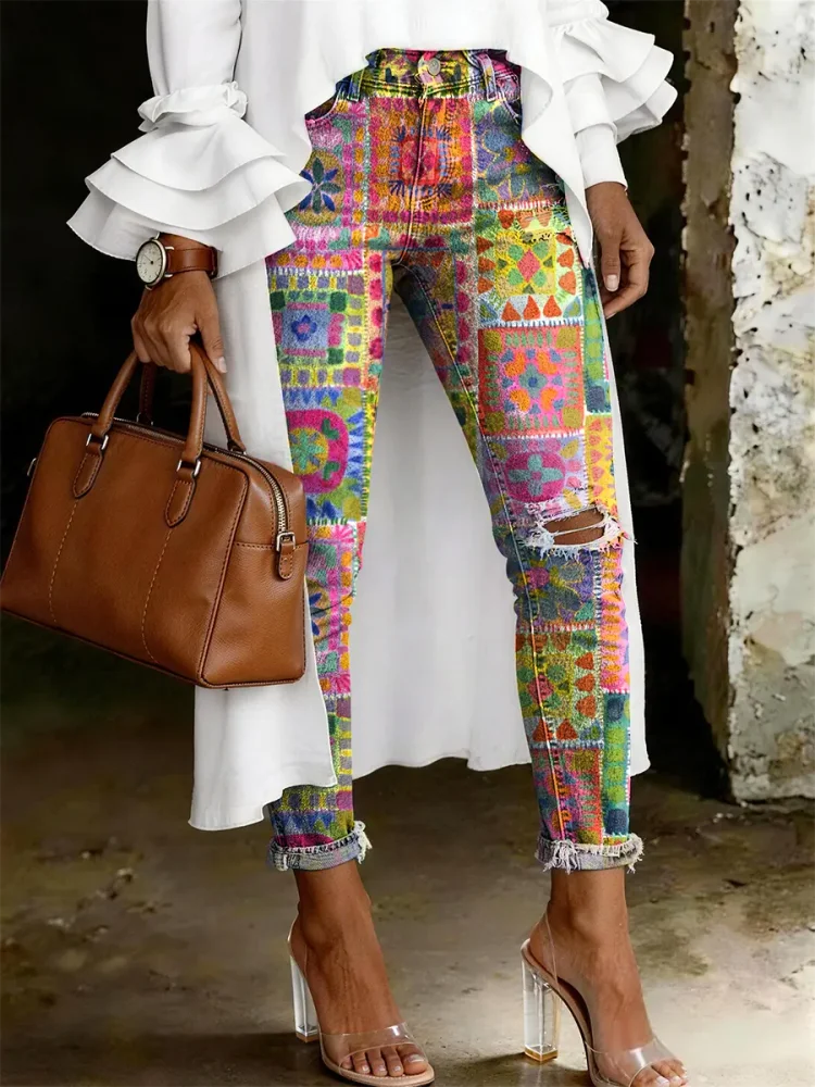 Women's Fashion Casual Multicolor Flowers Art Print Ripped Skinny Jeans