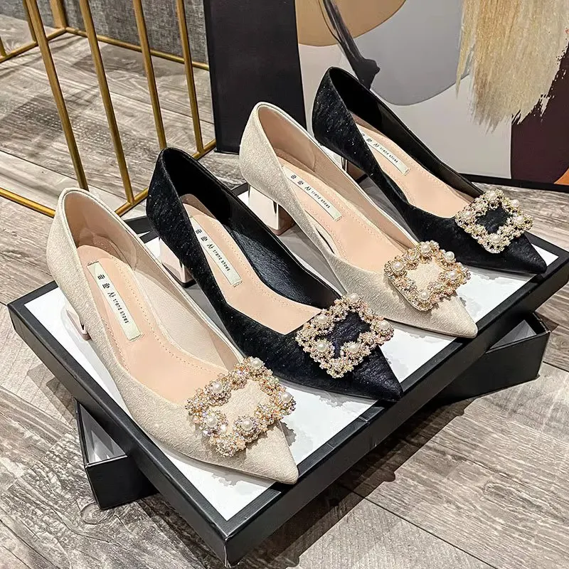 Breakj Breakj Women 2025 New Spring And Autumn Sharp Champagne Wedding Shoes Wedding Shoes Autumn Wedding Coarse Heel High-Heeled Shoes