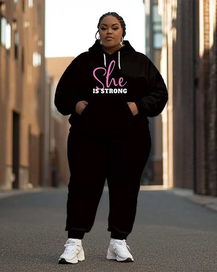 Women's Plus Size She Is Strong Long Sleeve Hoodie and Casual Pants Set