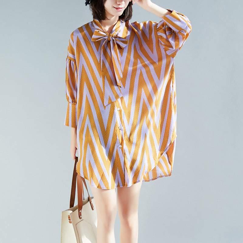 VCSHOES side open cotton top silhouette Photography yellow striped Knee blouse long sleeve