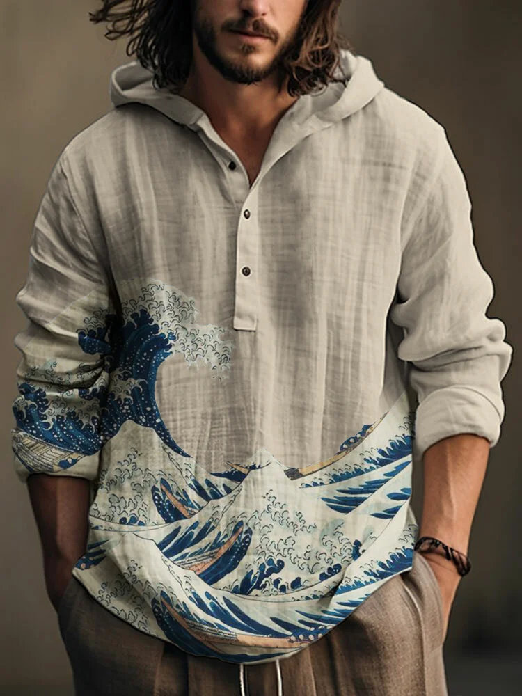 Great Wave Japanese Art Linen Blend Hooded Shirt