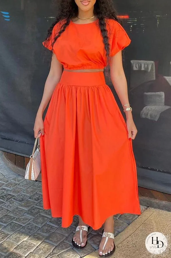 Casual Lantern Sleeve Top & Skirt Set