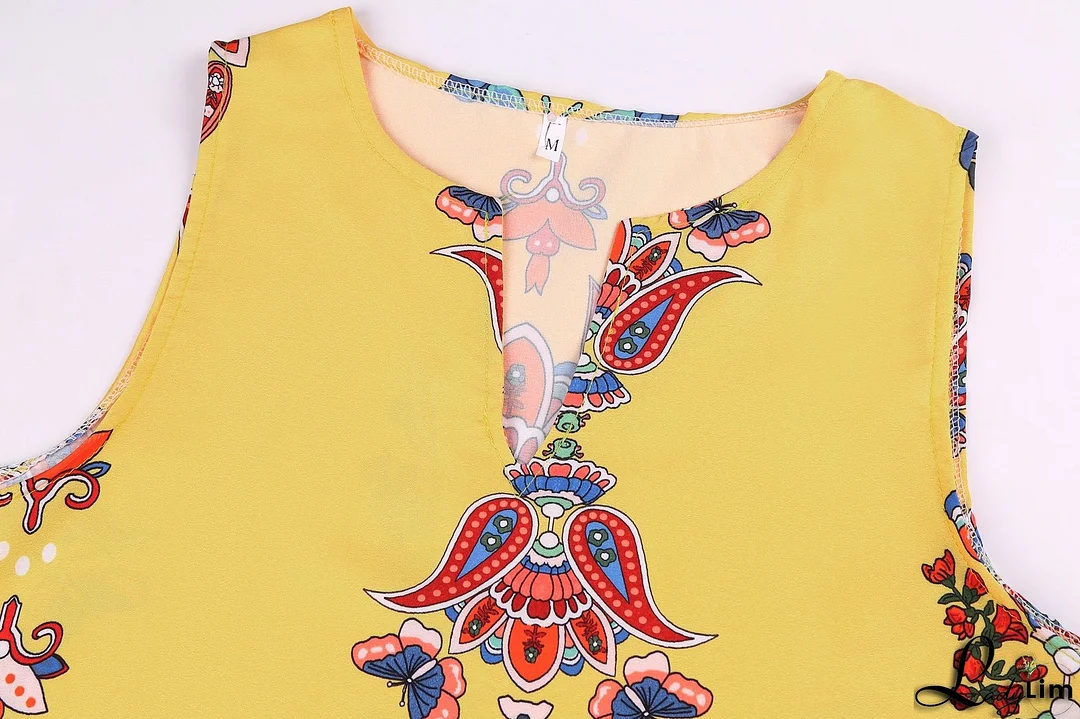 Vintage print dress V-neck sleeveless