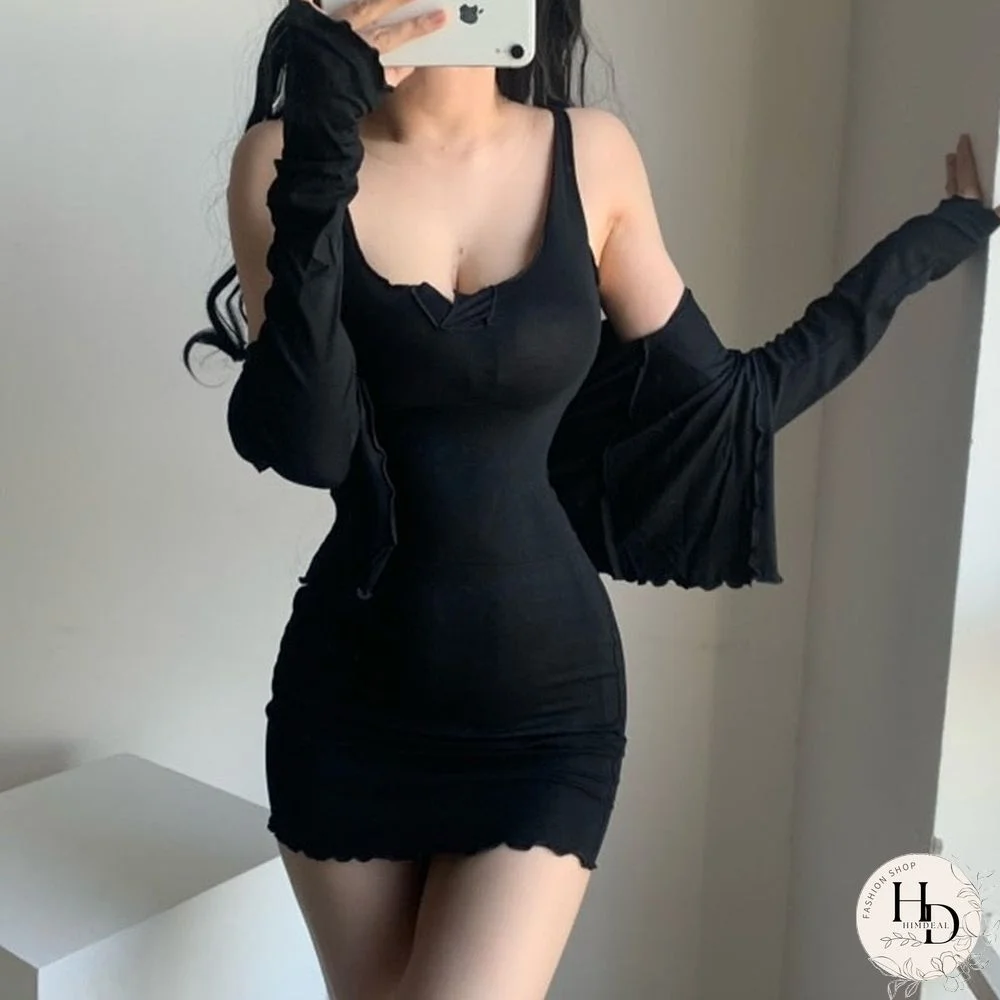 Spring and Autumn Slim Cardigan Dress Set Two-piece Women's Gray Short Long Sleeve Cardigan Tight Stretch Sexy Mini Dress Set