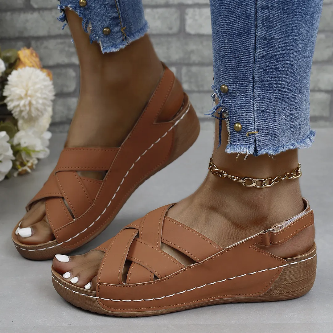 Breakj Breakj New Summer Women's Slope Sandals Thick Sole Buckle With Fish Mouth Sandals Pure-Colored Slope Heel Sandals