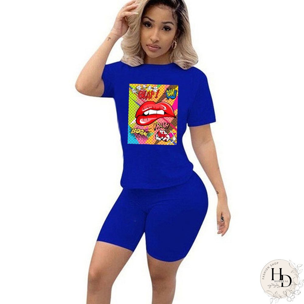 Womens Two Piece Set Cute Nibble Lips Print Short Sleeve Top With Skinny Shorts Pants